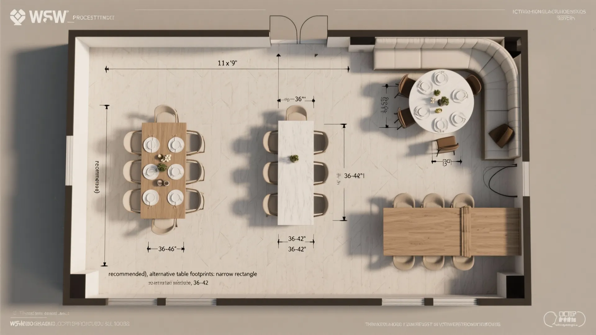 Top view floor plan showing four different dining table layouts within a rectangular room space design