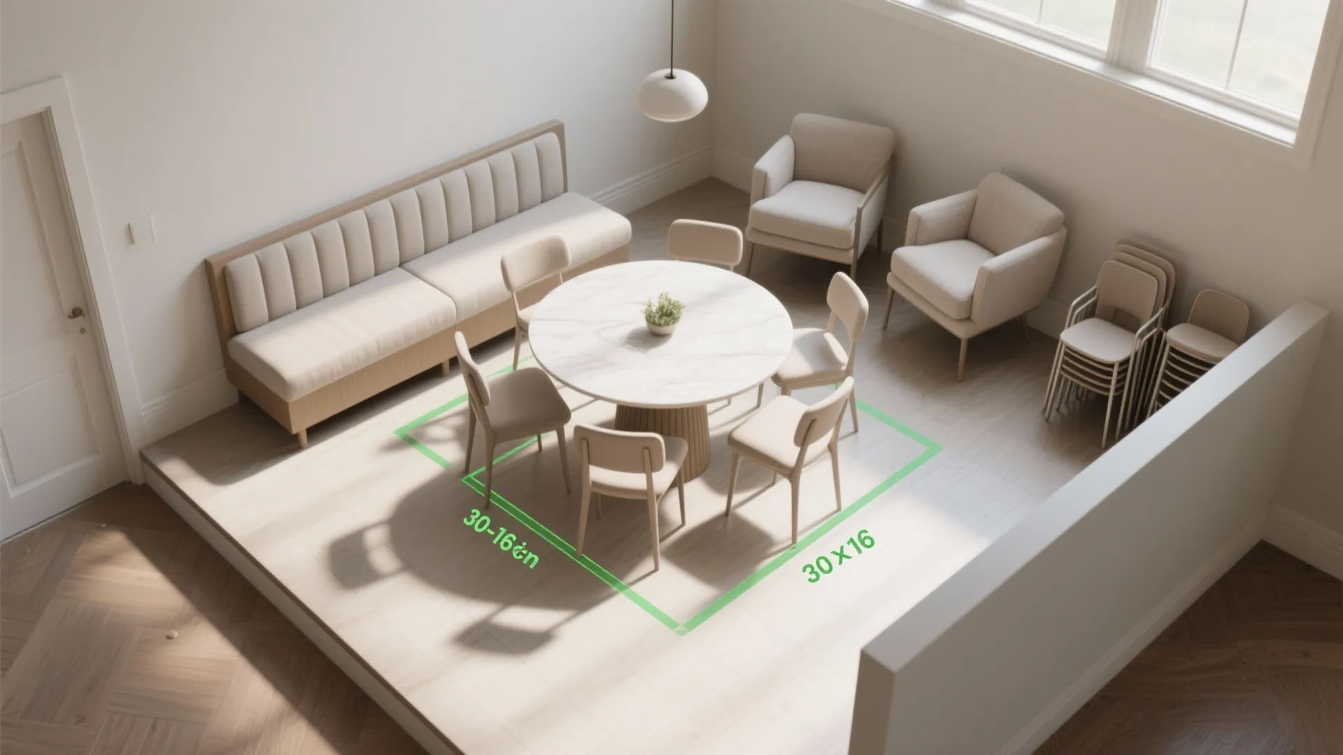 Interior design drawing showing top view of dining area with dimensions furniture and white marble table