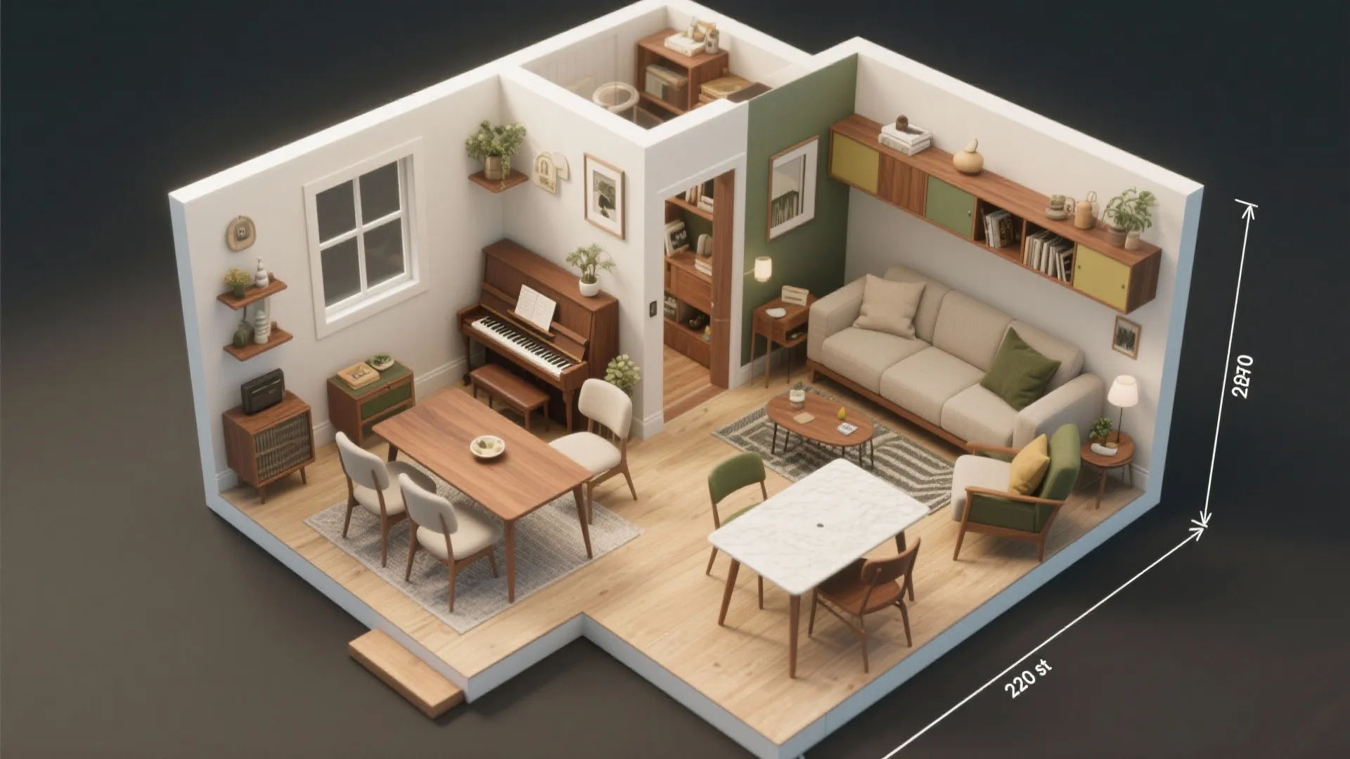Interior design drawing of a small apartment showing furniture layout, dining area, and green wall accent