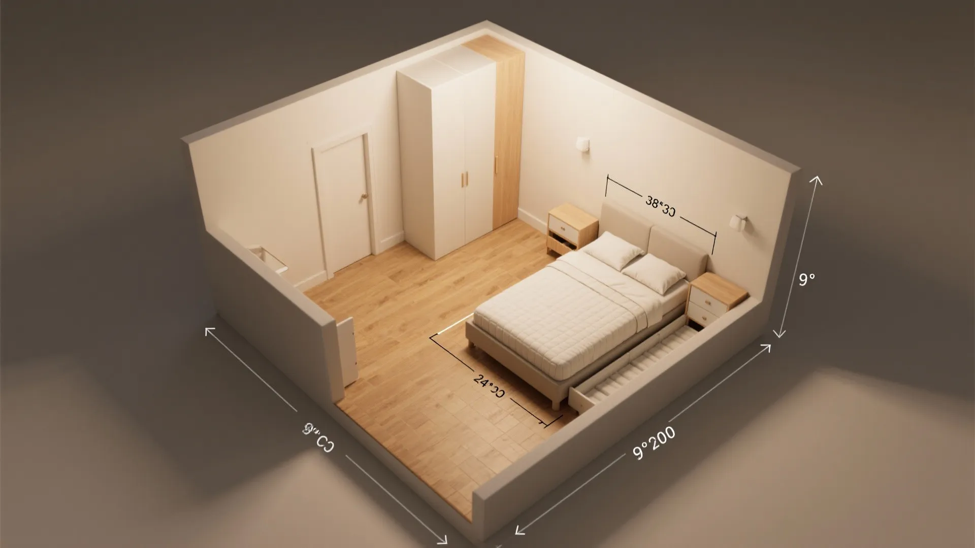 Interior design drawing showing bedroom layout with bed cabinet and floor measurements in top view