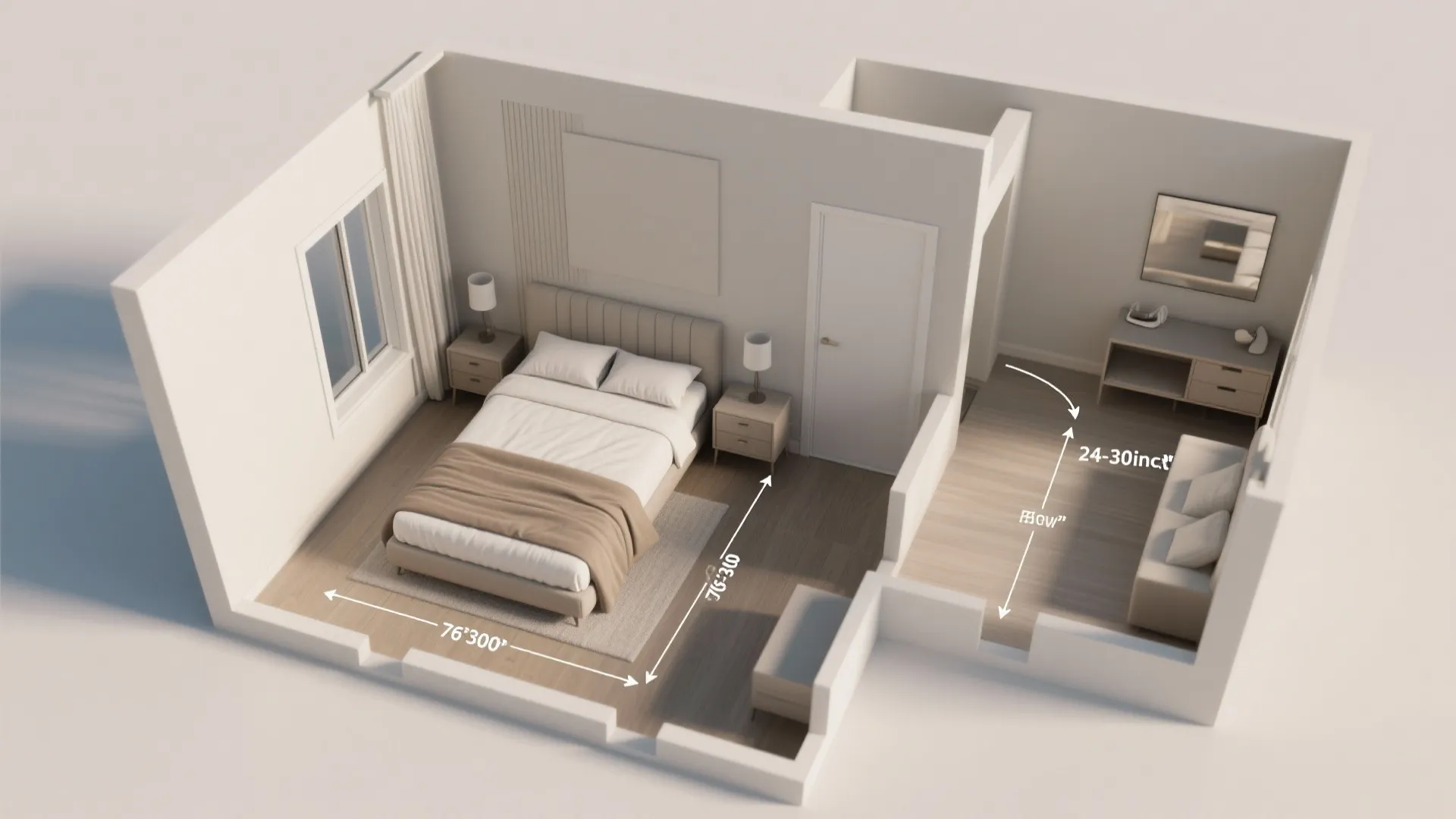 Top-down rendered floor plan showing king mattress layouts and circulation measurements in a small bedroom.