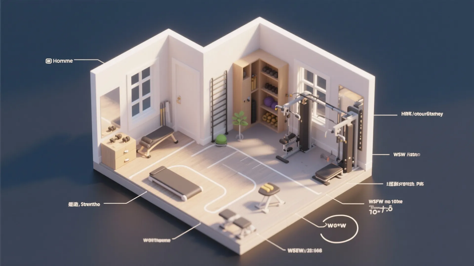 Modern home gym layout with weight equipment wood floors storage cabinet and bright windows for exercise