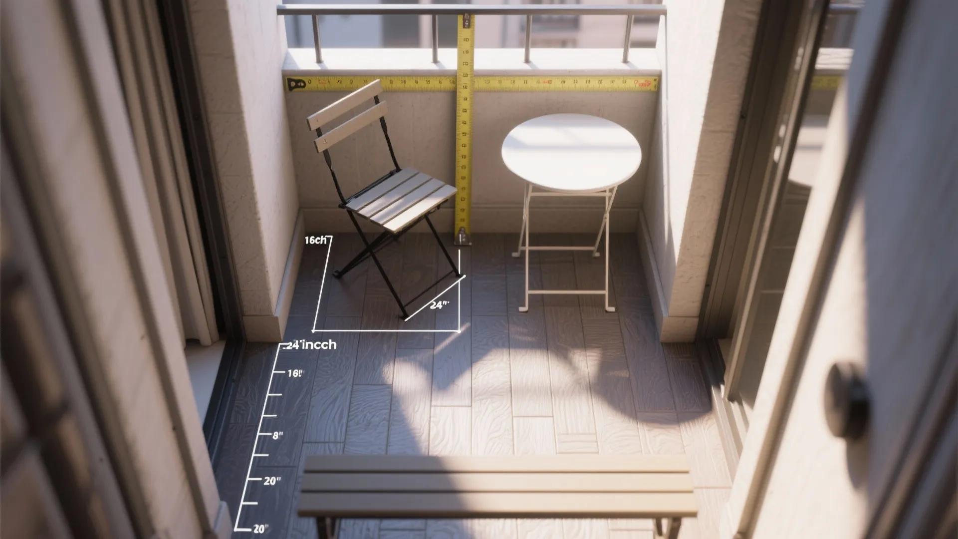 Small balcony top down view showing folding chair round table and yellow measuring tape layout