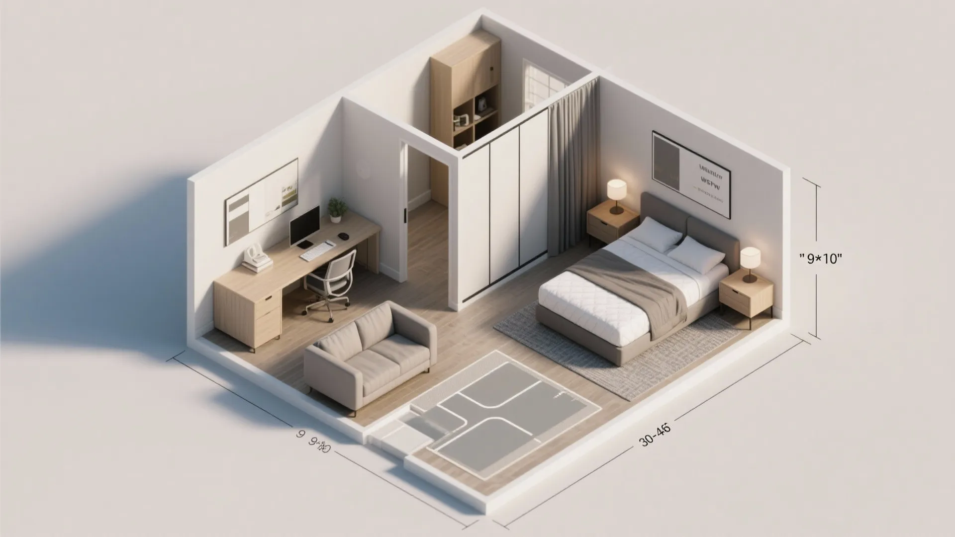 Top-down floor plan of a 9x10 office guest room showing circulation, furniture placement and convertible bed options.
