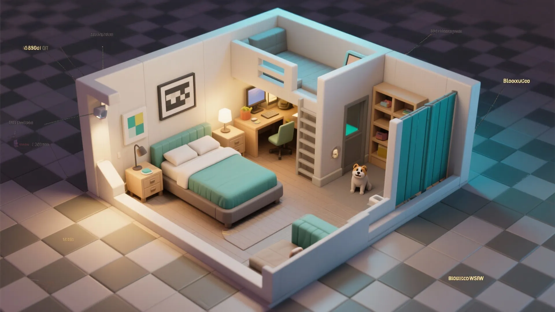 Three dimensional studio apartment layout with bed loft desk area small dog and room divider