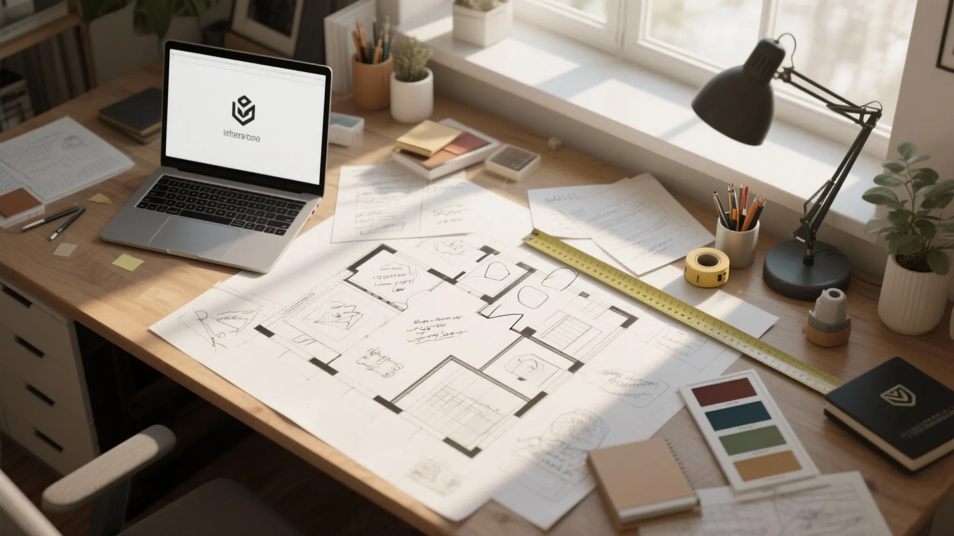 Top-down view of floorplan sketches and a laptop showing a free floor planner for quick iterations
