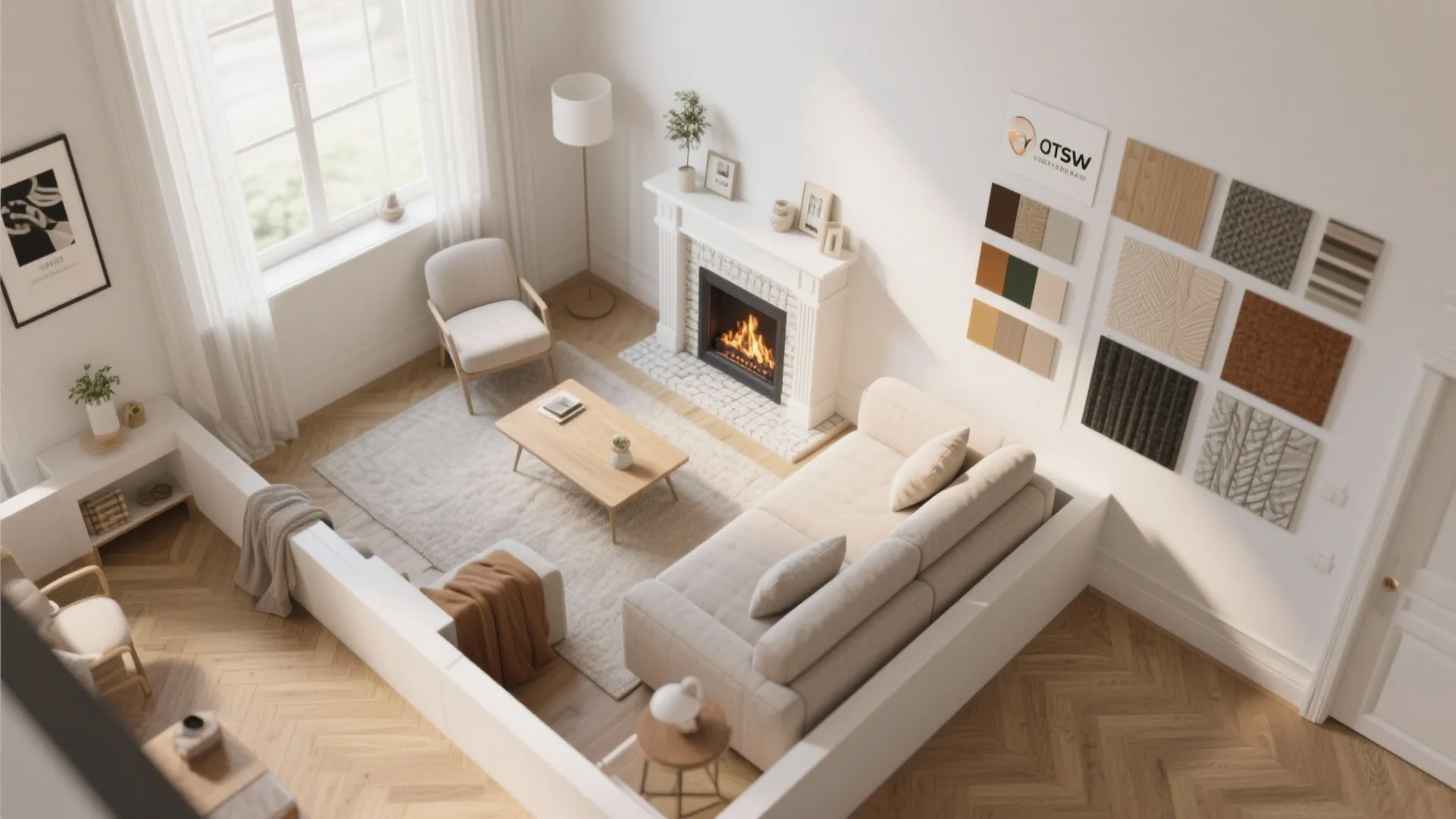 Top-down view of a living room floor plan and moodboard for fireplace layout testing.