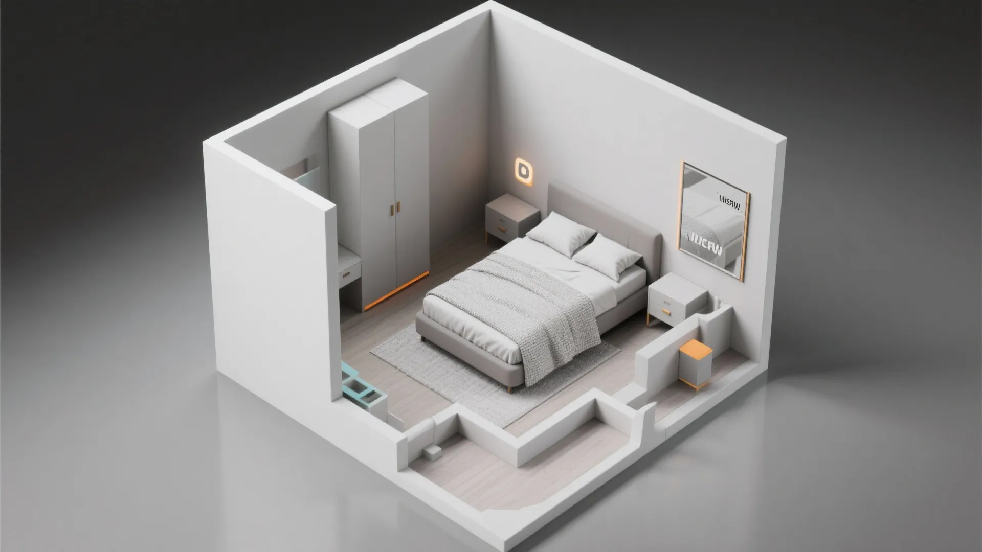 Top-down 3D floorplan showing bed placement and circulation for a small gray bedroom.