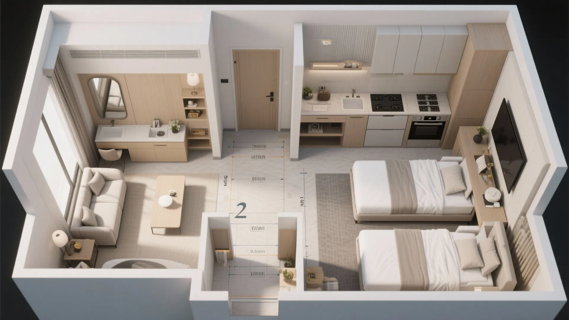 Top-down photorealistic floor layout showing door swings, clearances and flexible furniture zones for a 2-bedroom suite.