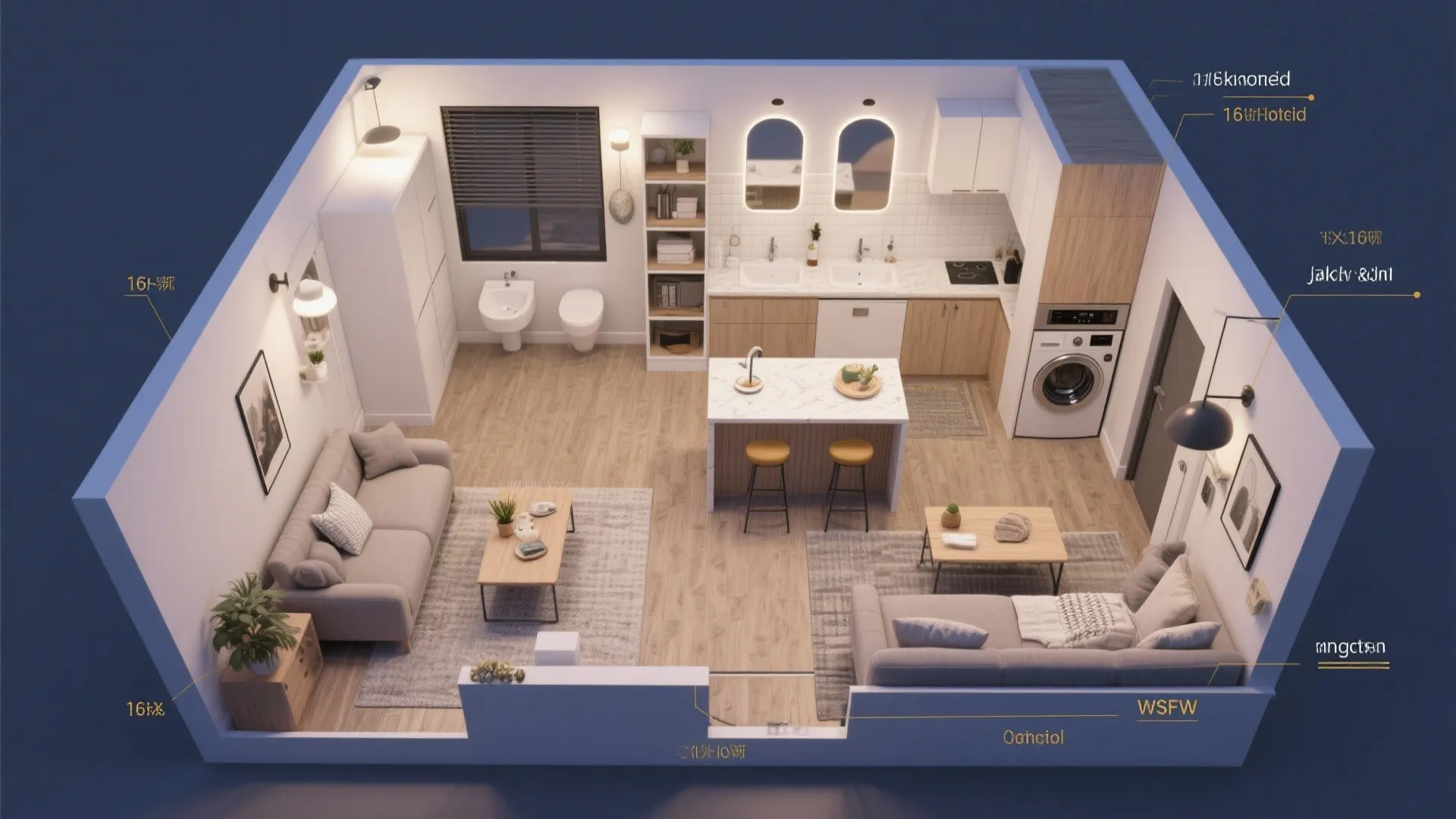 Top down interior design drawing of small studio apartment with kitchen living area and bathroom layout