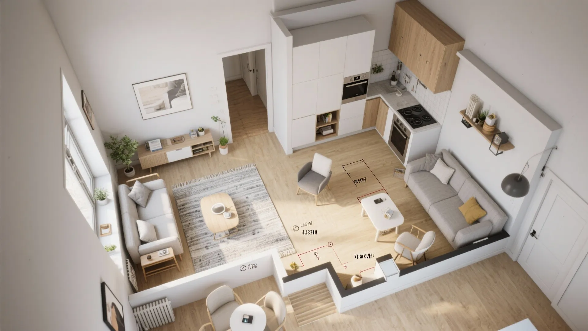 Interior design drawing showing top down view of studio apartment with kitchen living and dining zones
