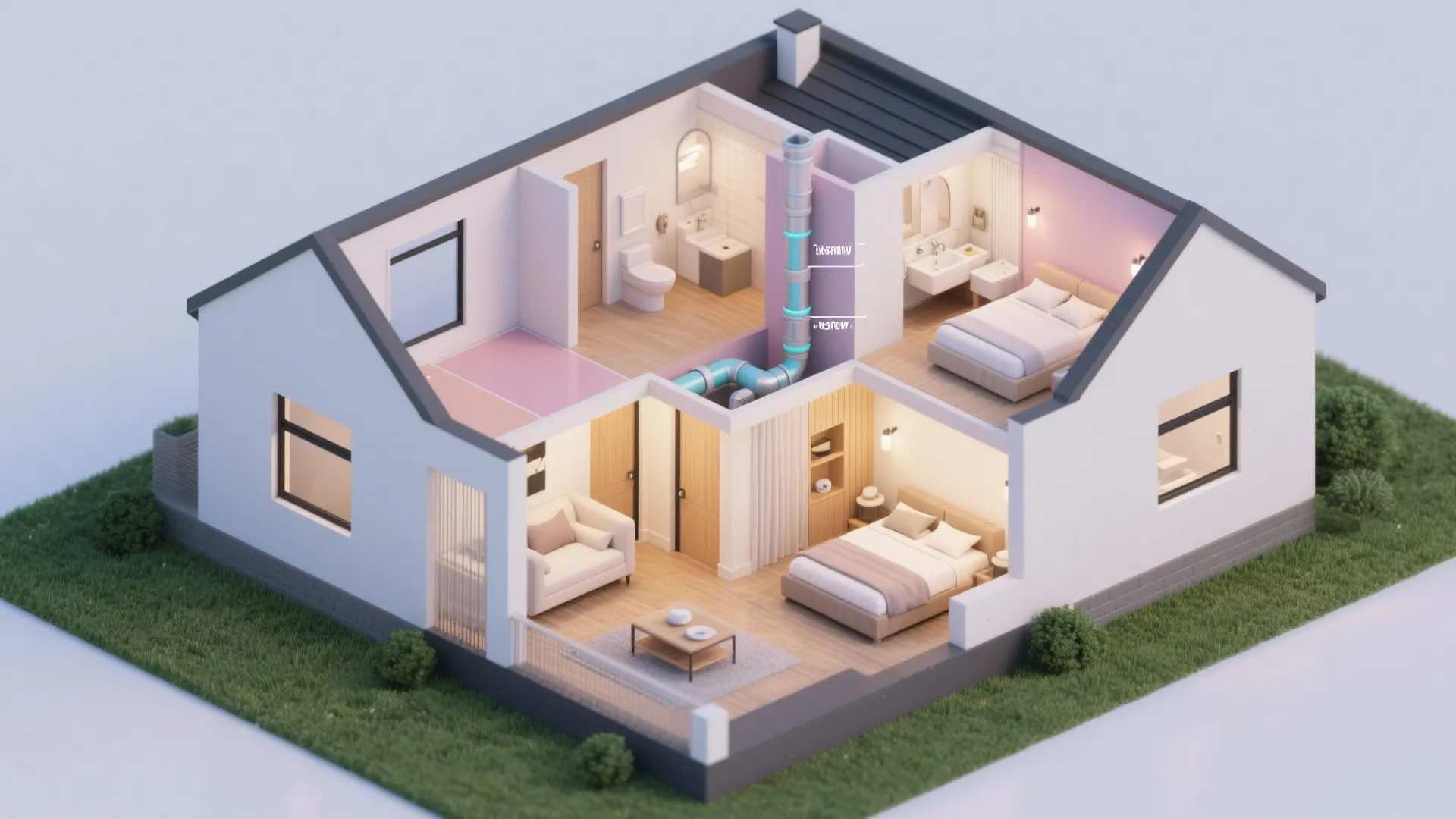 Interior design drawing of a two bedroom house with living room, bathroom, and ventilation pipes