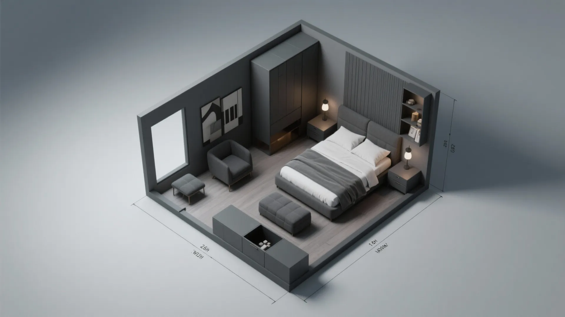 Top-down 3D style floor plan showing dark gray furniture layout in a small bedroom