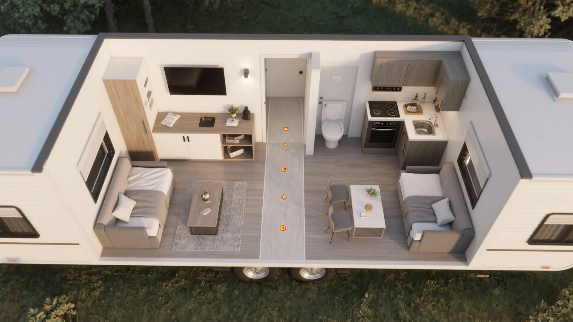 Top-down interior design drawing of a tiny home showing living area kitchen bathroom and dining space