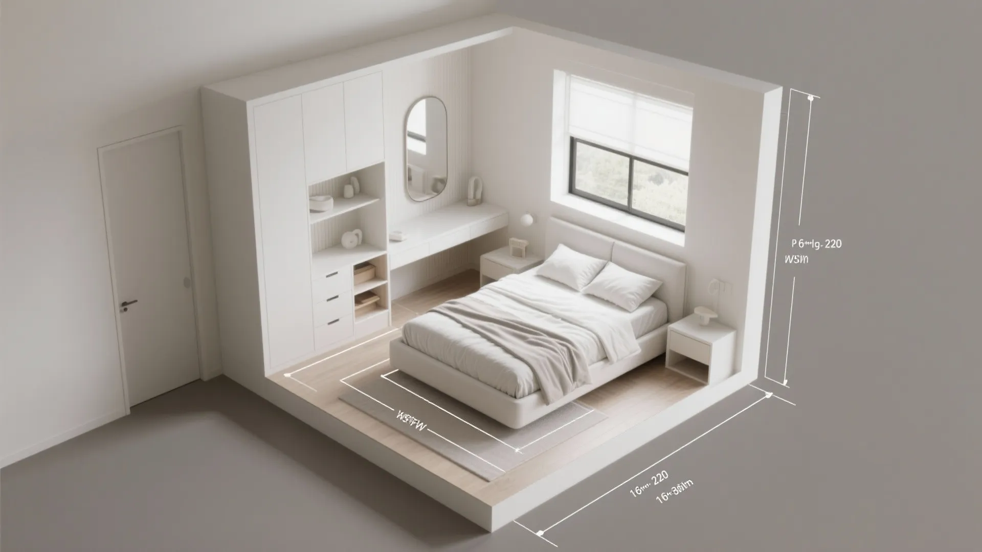 Small bedroom interior design drawing with dimensions showing white bed cabinet desk and floor layout
