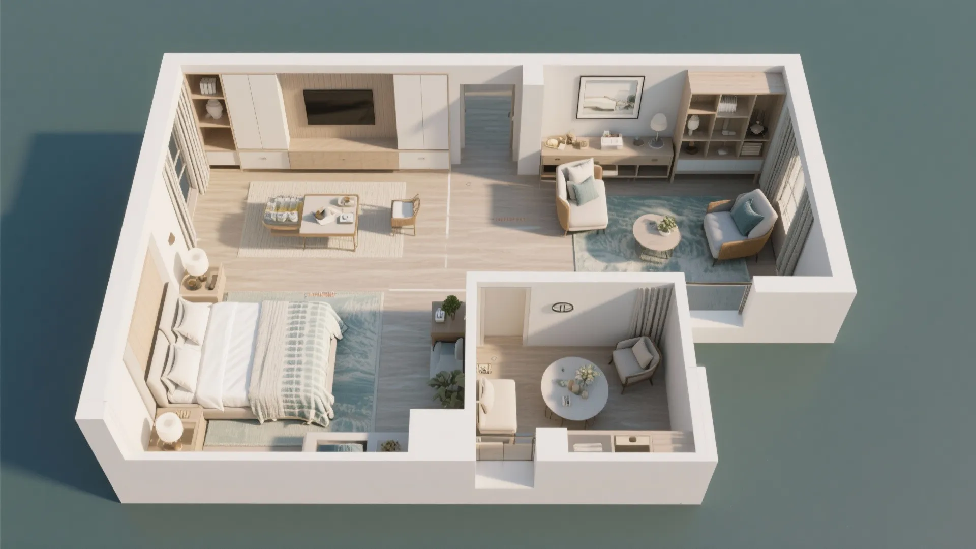 Top-down 3D floor plan of a two-bedroom suite showing furniture placement and built-ins