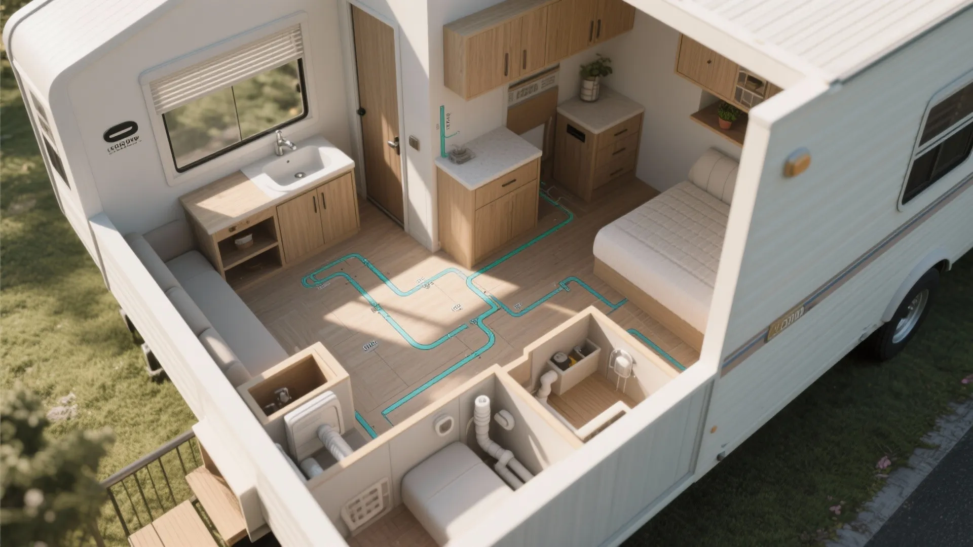 Top-down view of a compact mobile home floor plan showing circulation, built-ins and plumbing zones