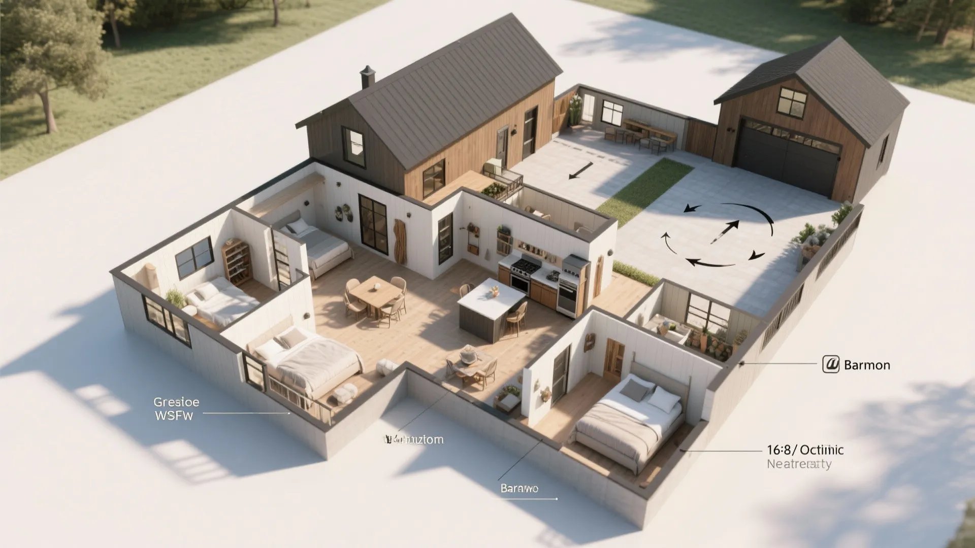 Interior design drawing showing a three bedroom house layout with furniture and a large garage