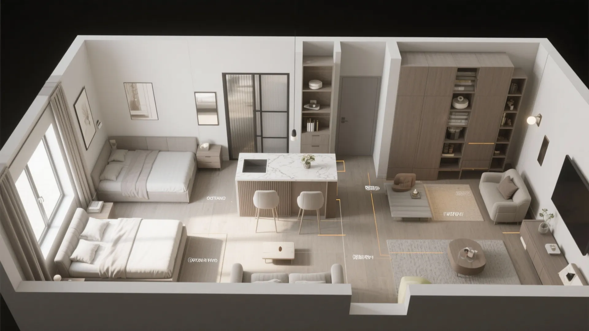 Top-down visualization of a compact three-bedroom apartment plan with zoning highlights