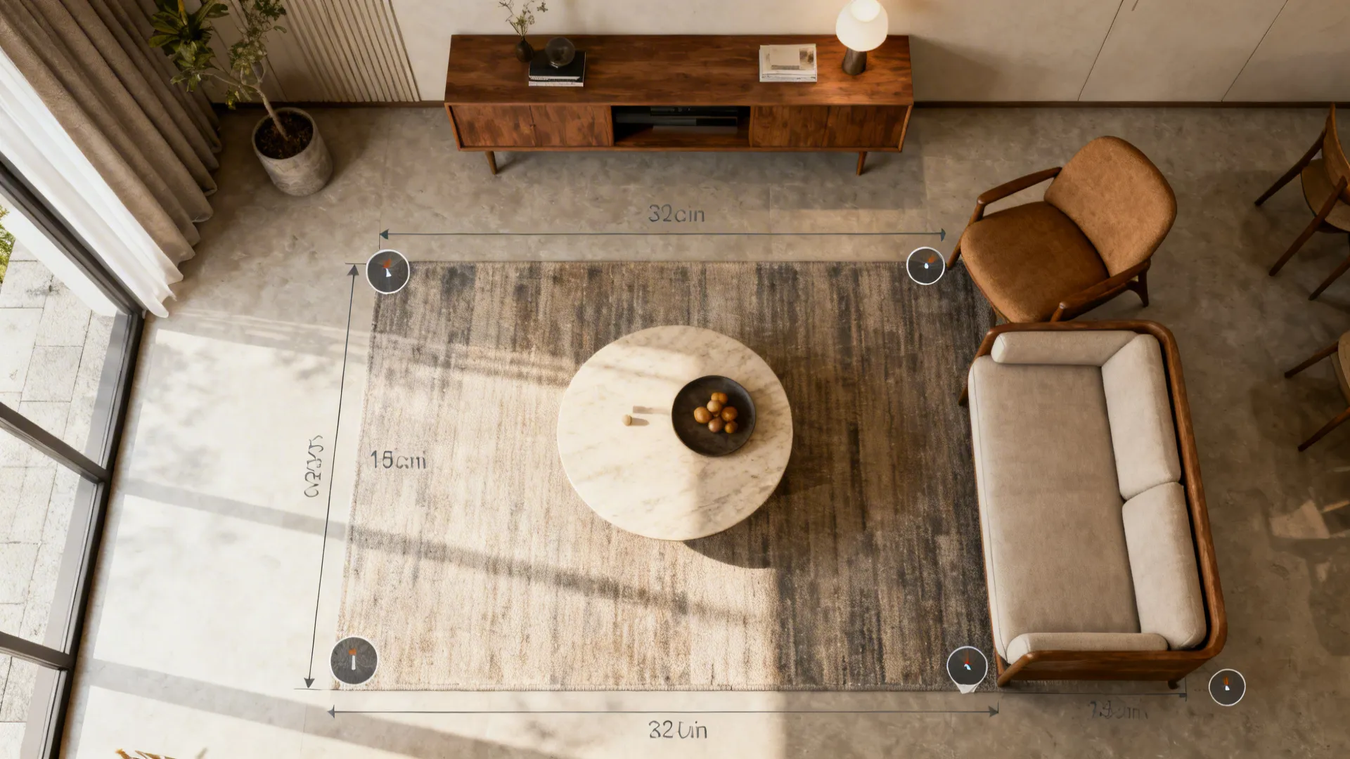 Top-down mockup of a small mid century living room layout showing furniture placement and rug sizing.