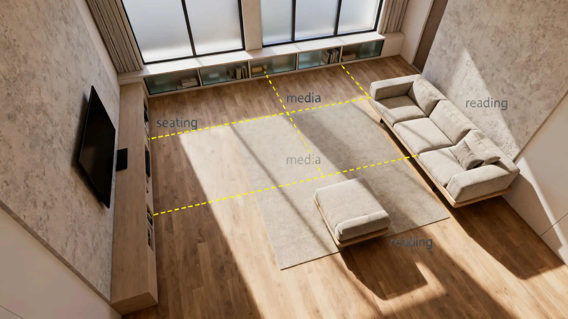 Top-down rendered floorplan showing layout options and zones for a long rectangular living room.