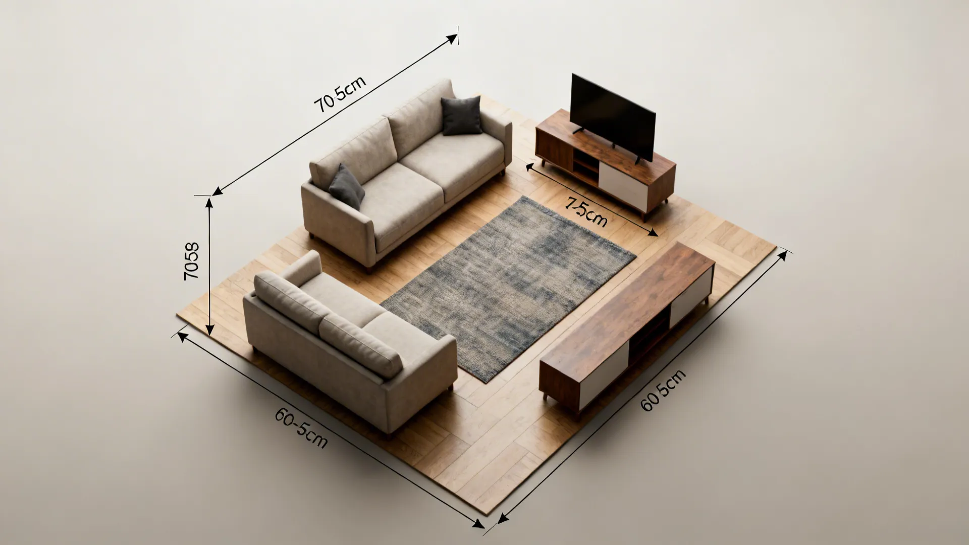 Top-down floor plan of a small living room showing clear circulation paths and furniture layout