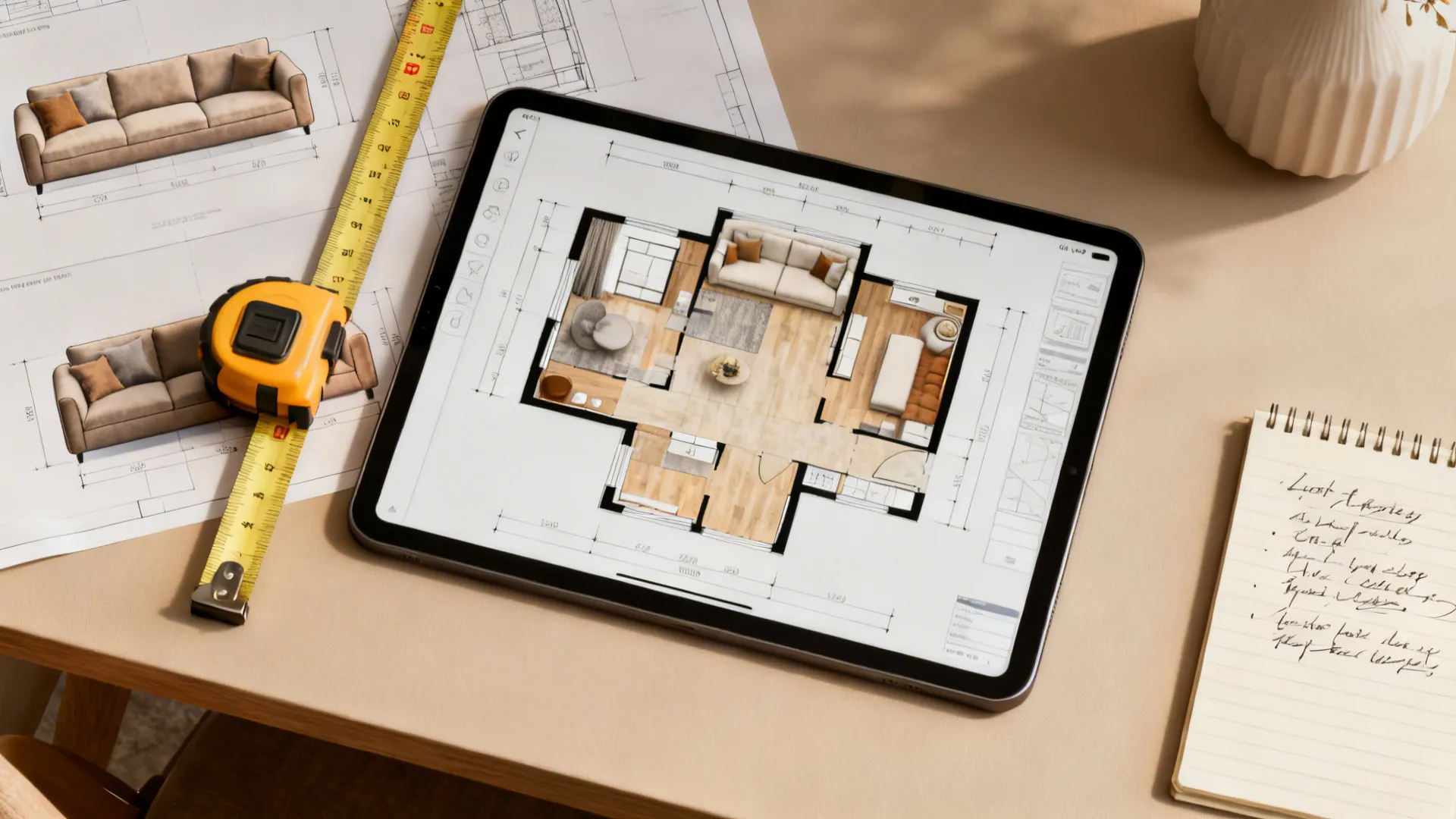 Top-down view of a tablet with a living room floor plan, measuring tape and sofa mockups