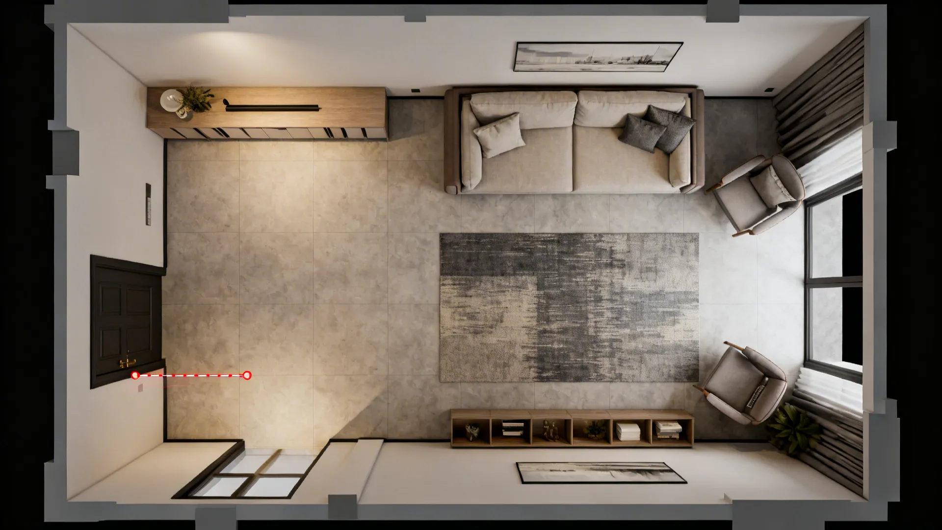Top-down rendered floor plan of a small living room illustrating entry and circulation.