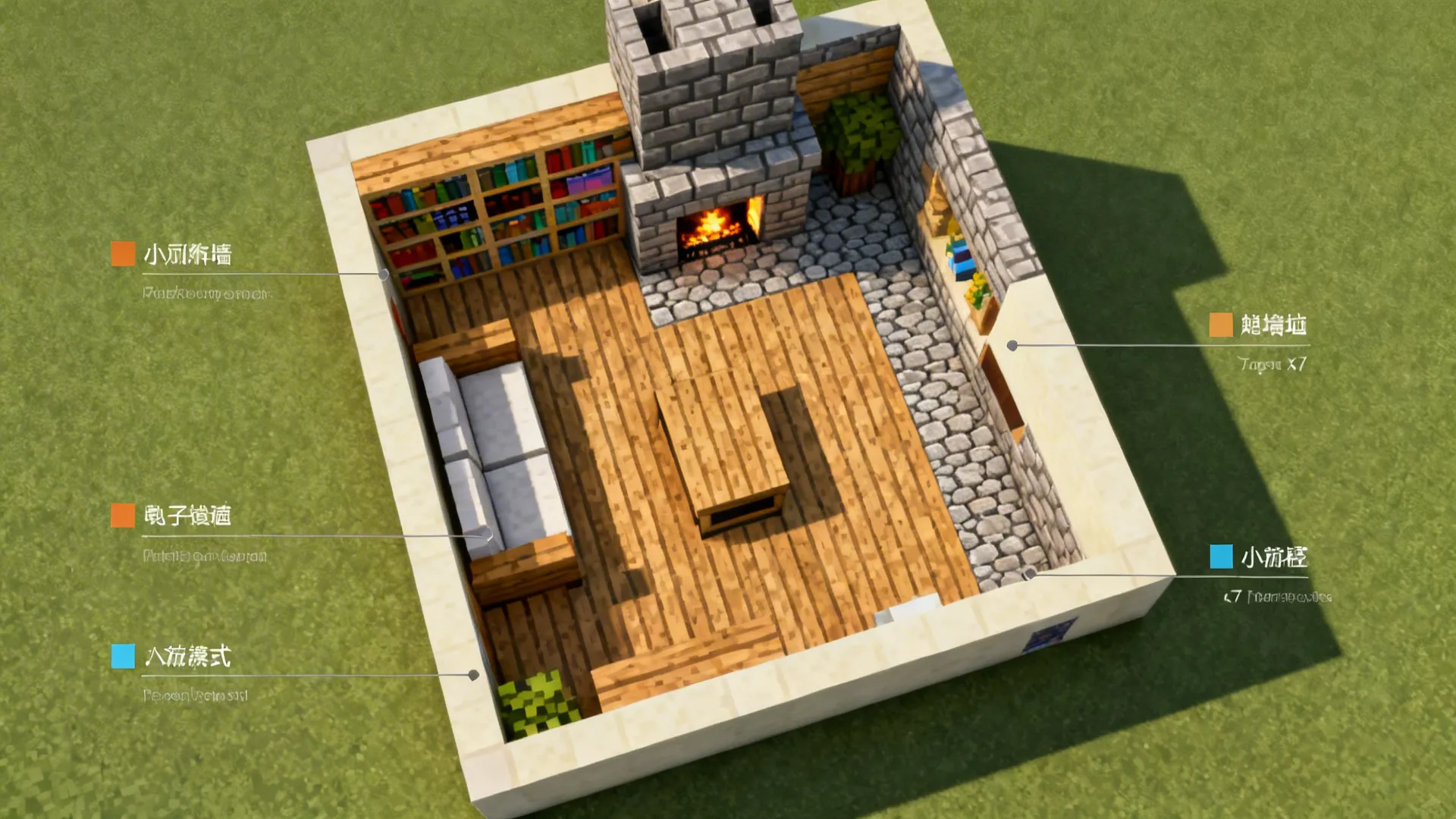 Top-down block-grid floor plan of a 5x7 Minecraft living room layout with labeled zones.