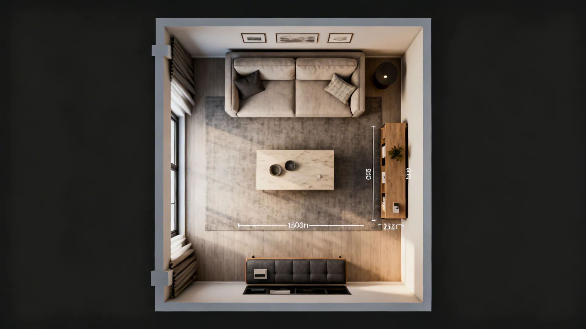 Top-down floor plan of a small living room showing scaled furniture and sightlines.