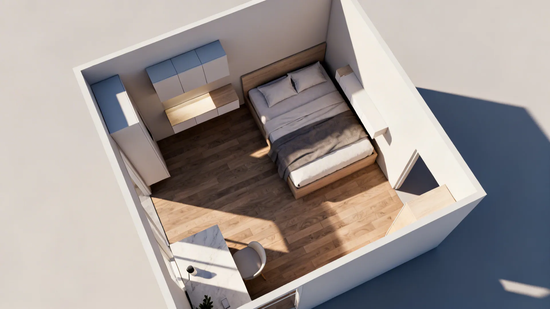 Top-down render of small bedroom layout with bed on one wall and floating storage for clear circulation