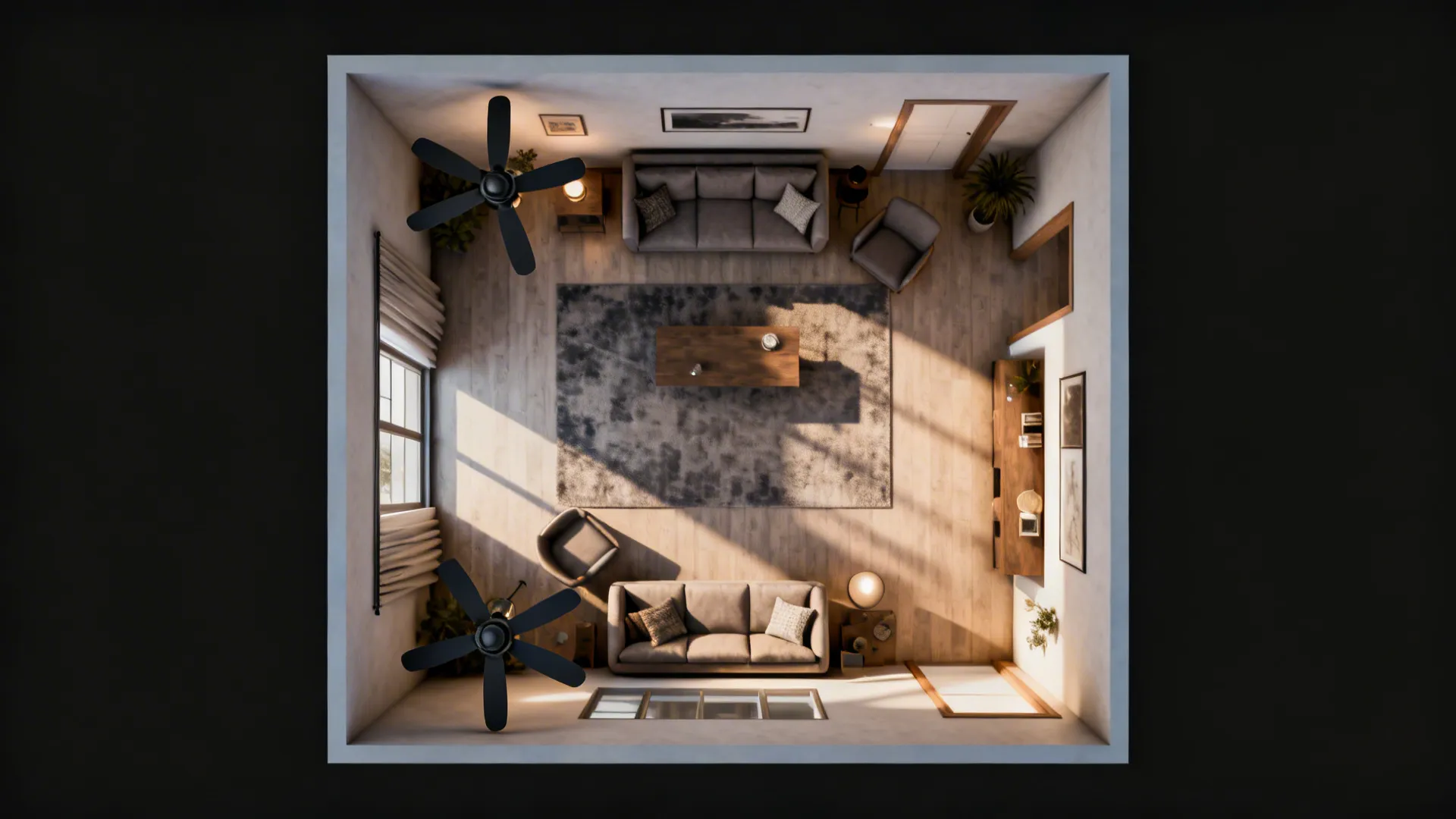 Top-down 3D floor plan mockup showing seating layout and two ceiling fan coverage in a compact living room