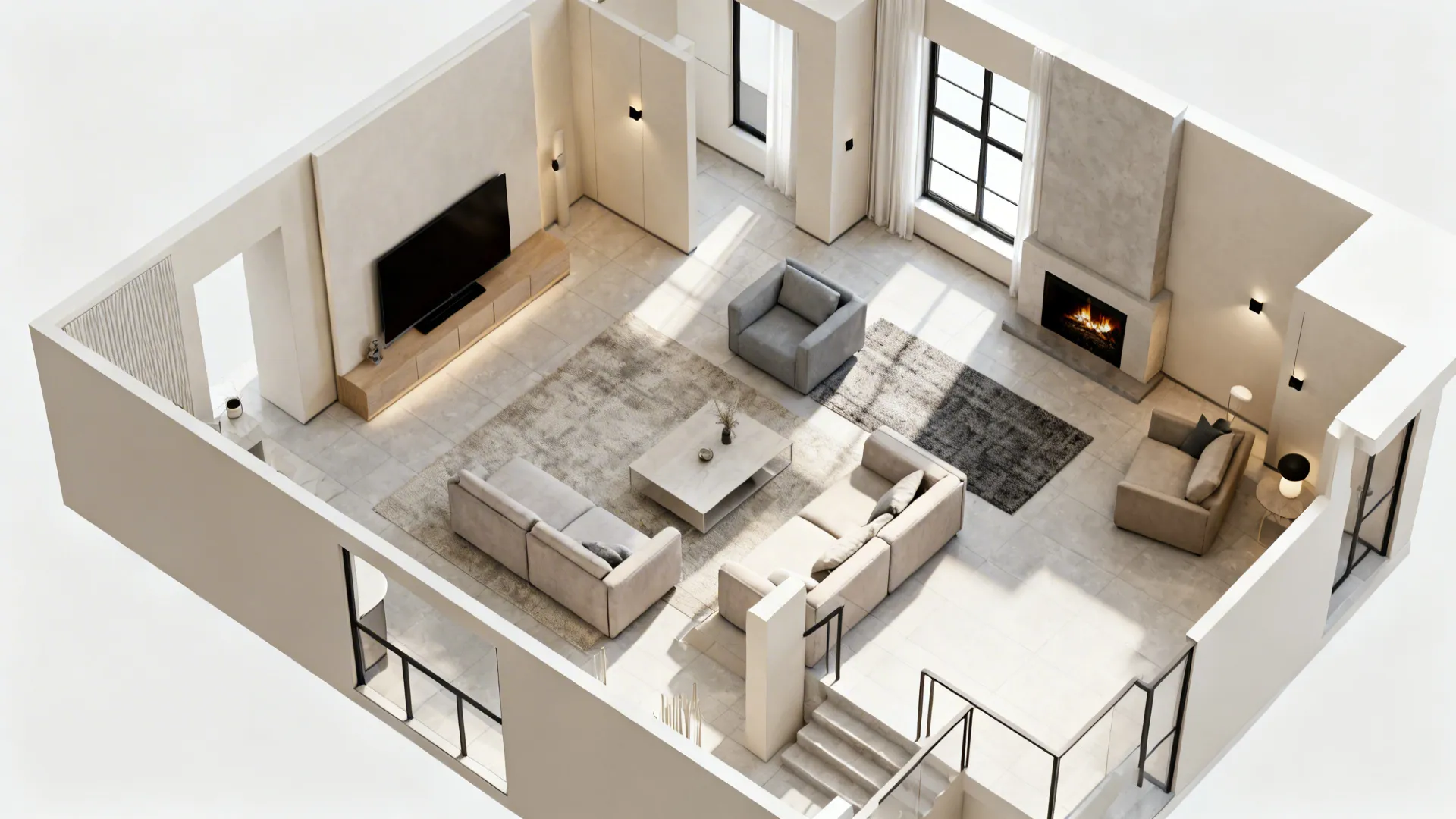 Top-down view of a small living room floorplan showing circulation paths and focal point orientations.