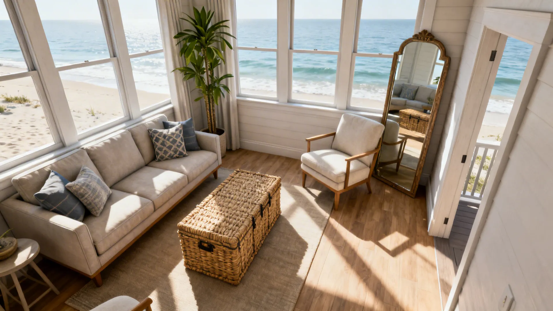 Top-down floor plan visualization of a small coastal living room layout with scaled furniture