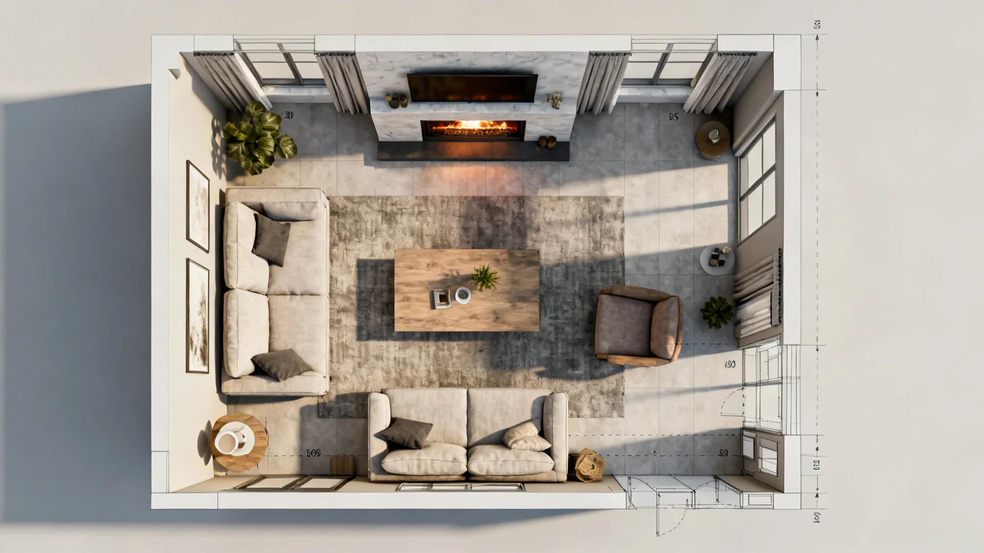 Top view living room layout showing two sofas a fireplace rug coffee table and plants