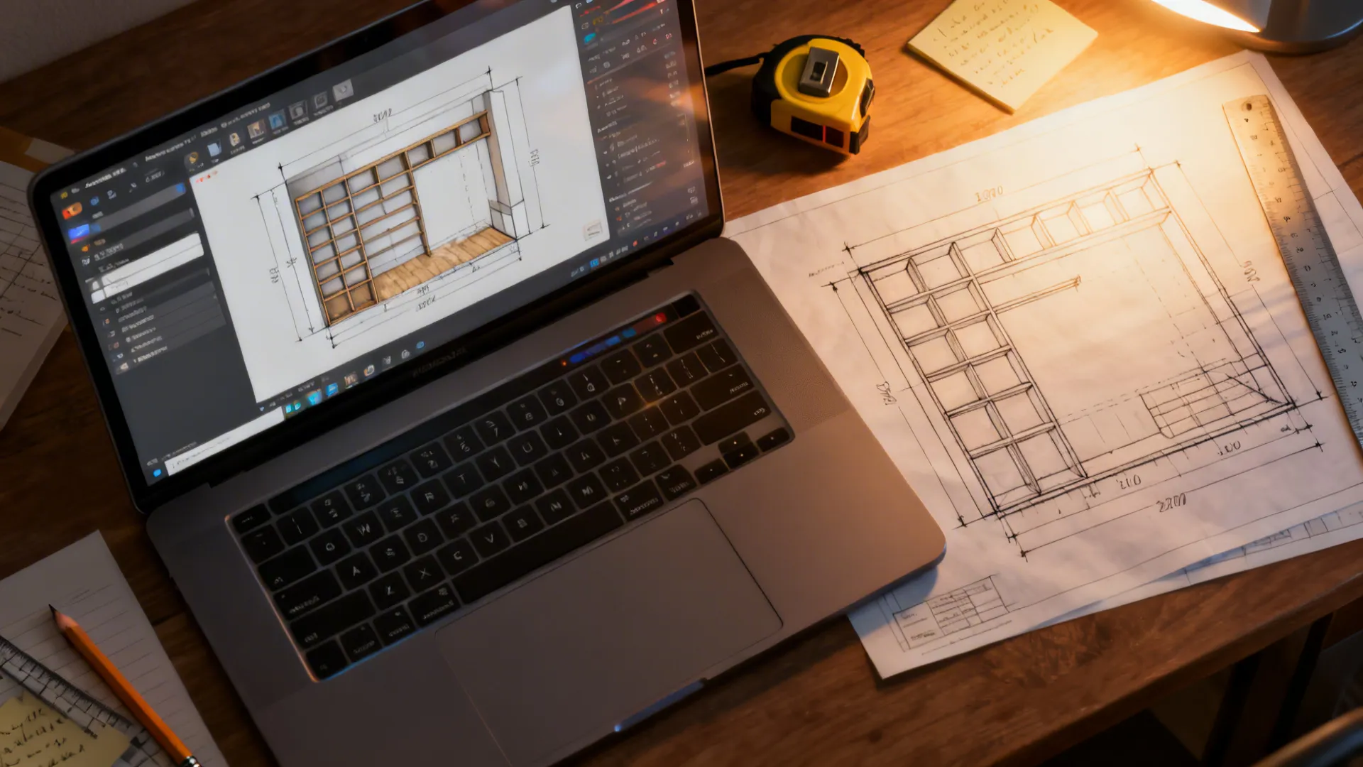 Top-down shot of a laptop showing a floor planner and measurement sketches for shelving layouts