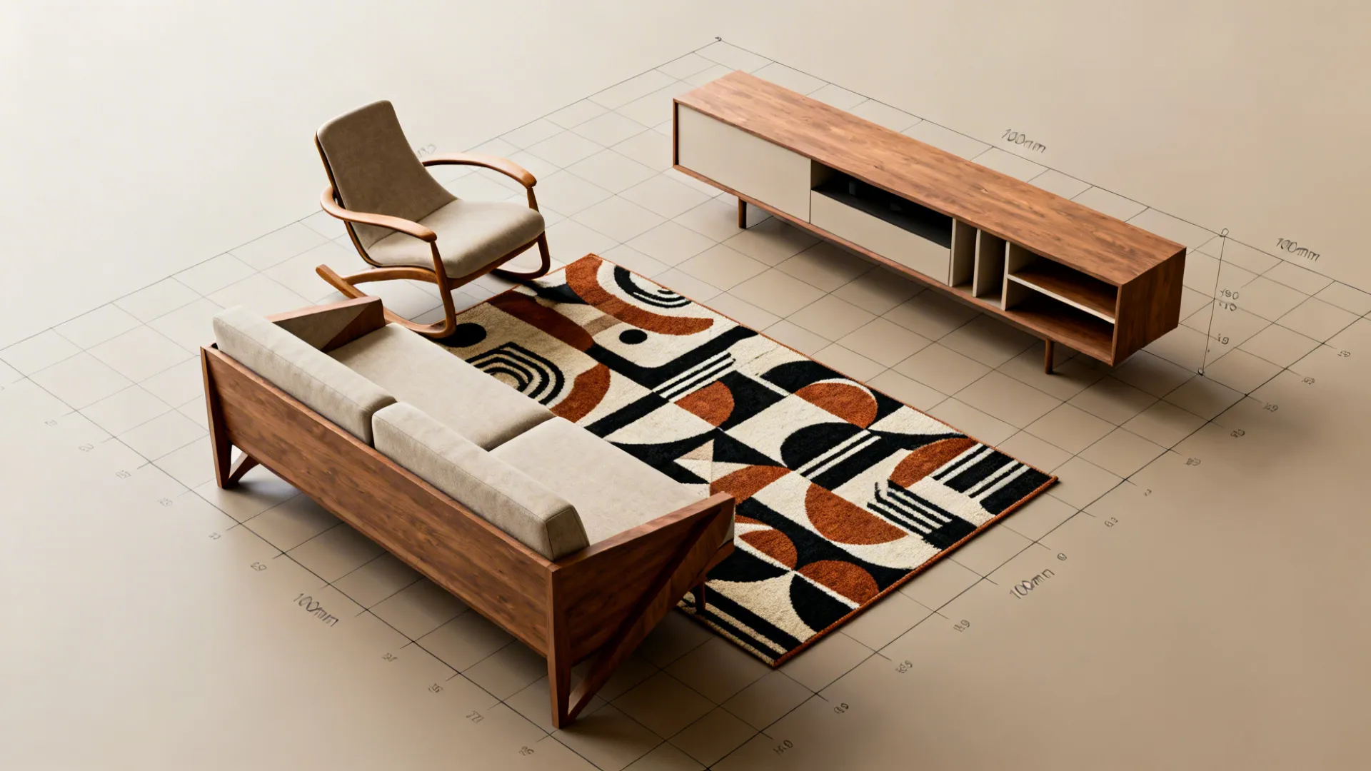 Top-down mockup of a small mid-century living room layout with furniture placement and scale grid.