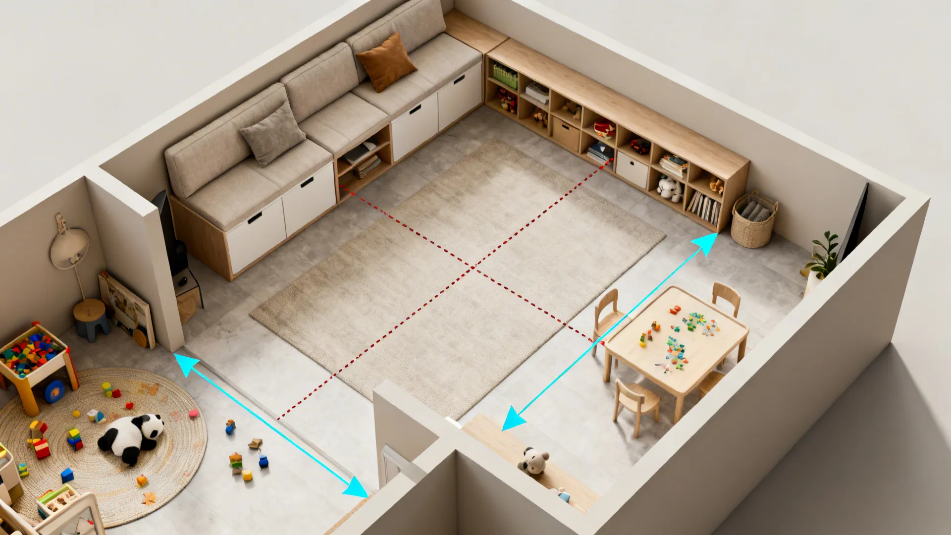 Top-down floor plan showing furniture placement and sightlines for toy storage