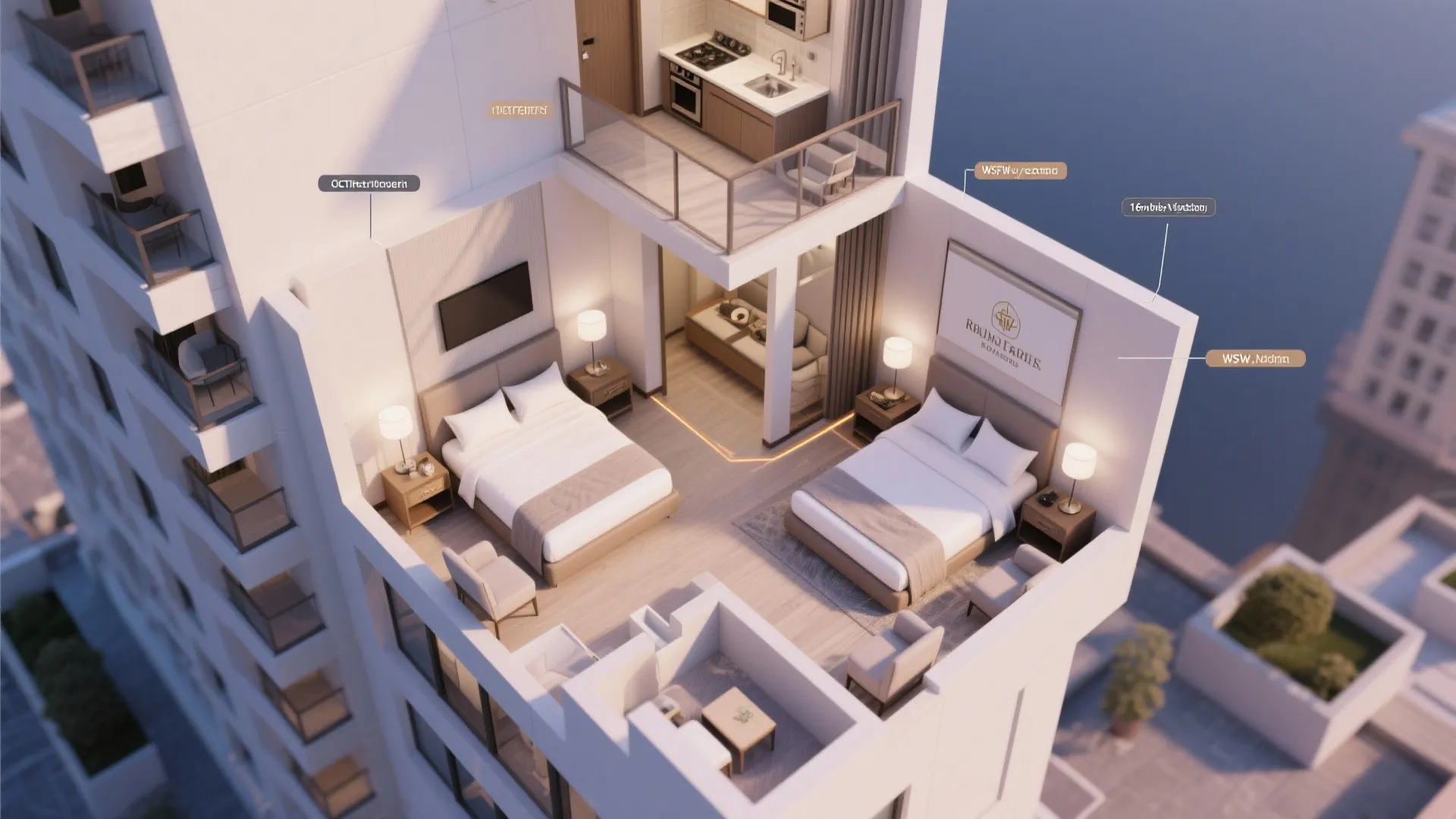 Top-down floor plan visualization showing furniture options and corner unit recommendations