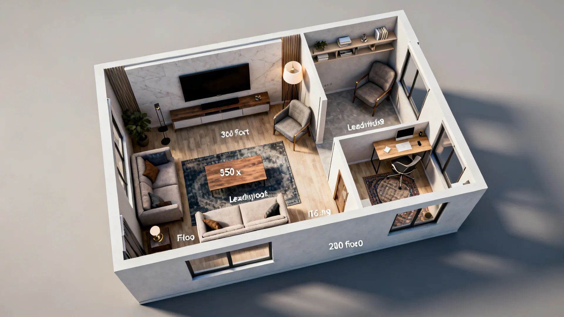 Top view of a three dimensional apartment layout with living room, office, and wooden furniture