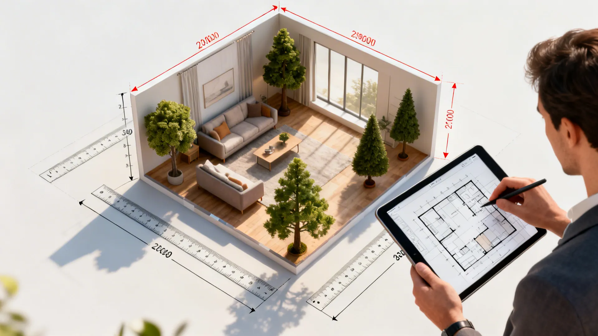 Top-down visualization of a small living room floorplan showing faux tree placements and sightline testing