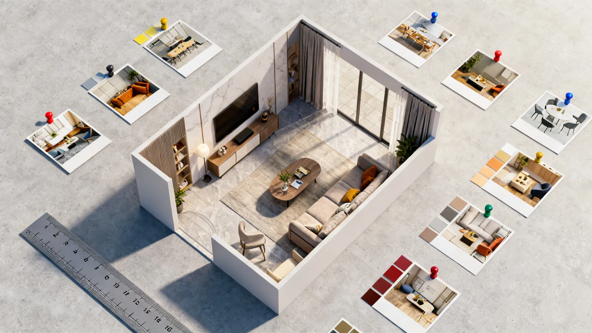 Interior design drawing of living room layout surrounded by various small room photos and samples