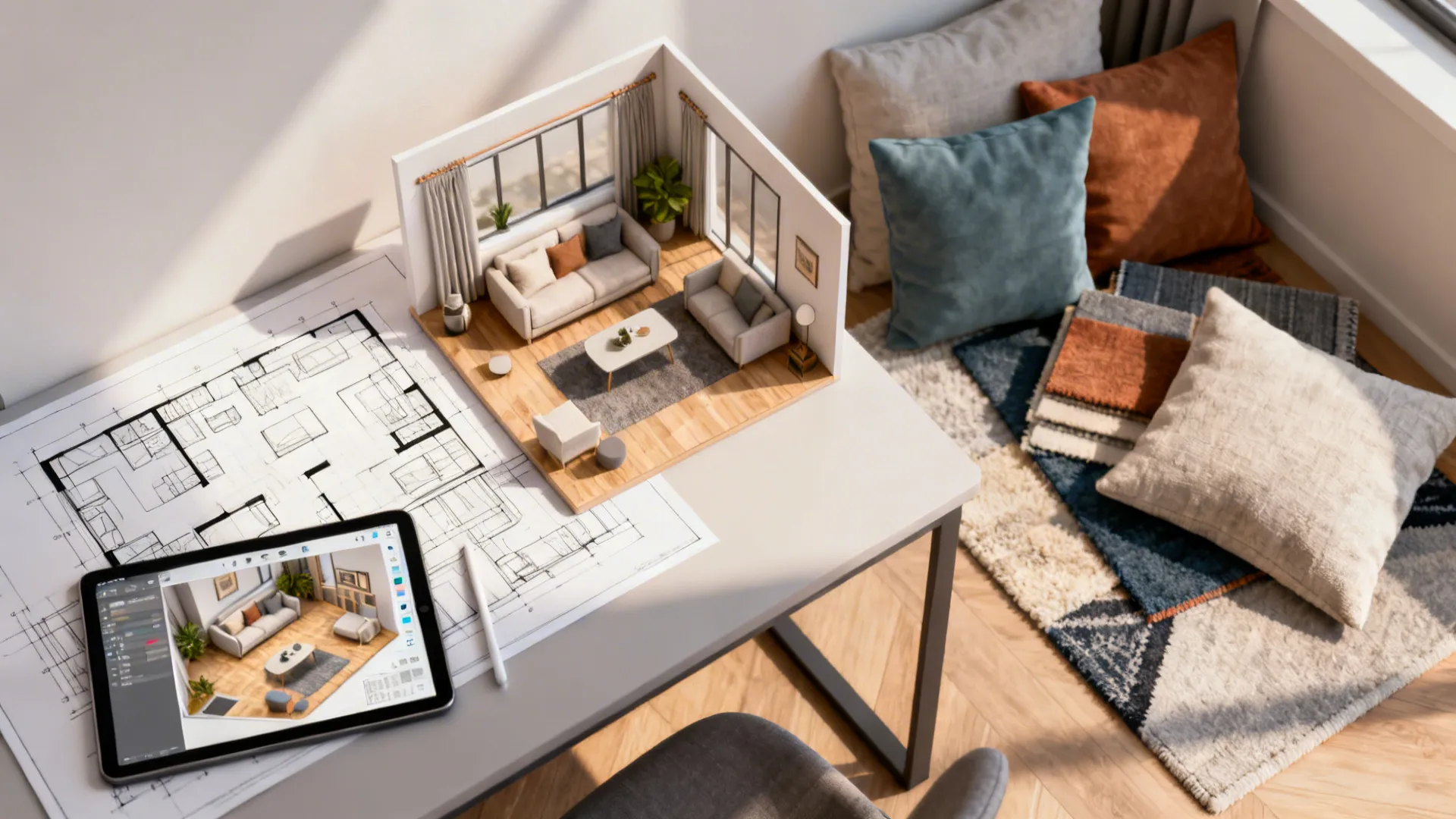 Desk with paper floor plan, tablet screen, miniature 3D room model, fabric samples, and pillows