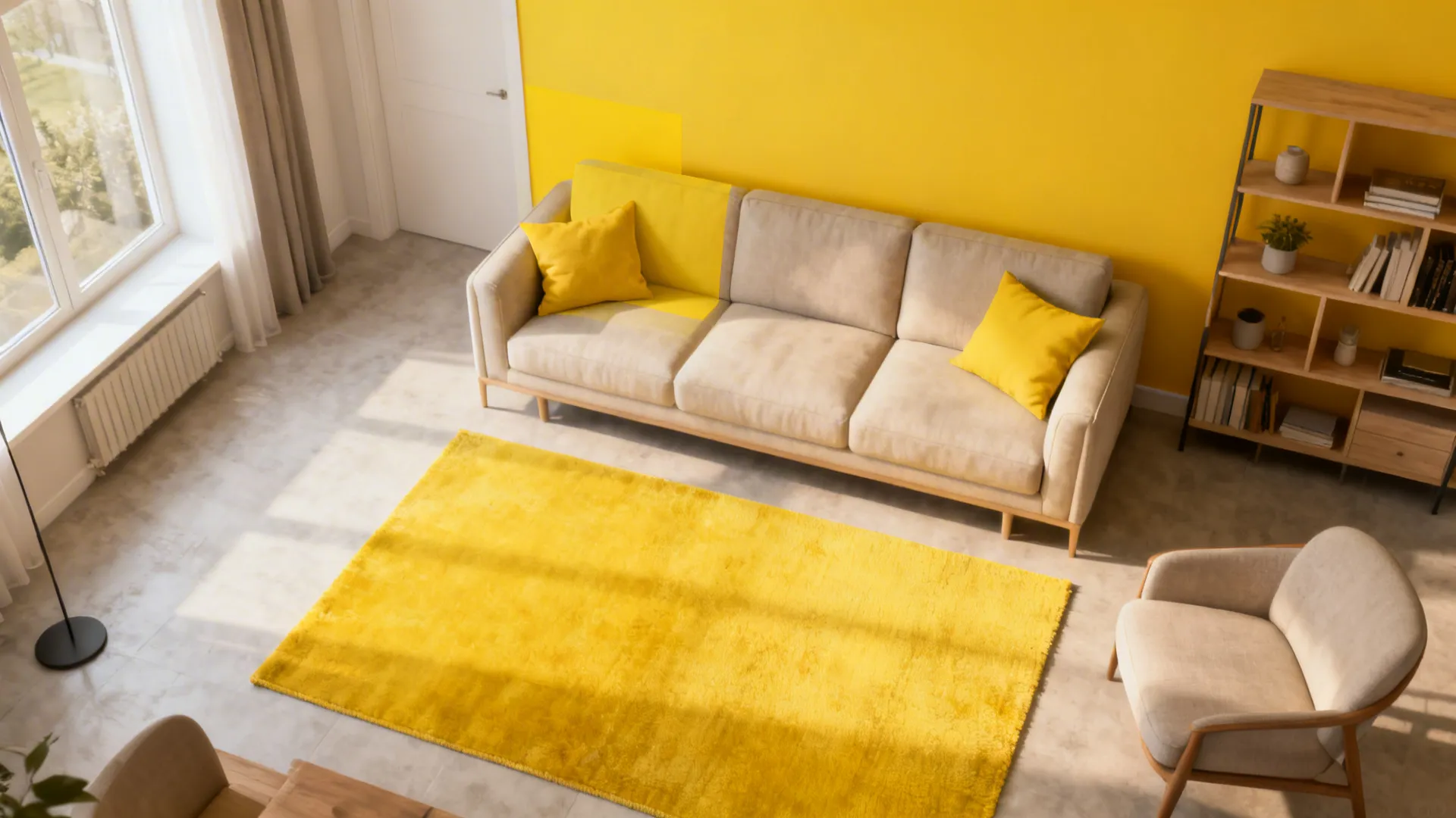 Top-down living room mockup showing yellow placement options and furniture layout.