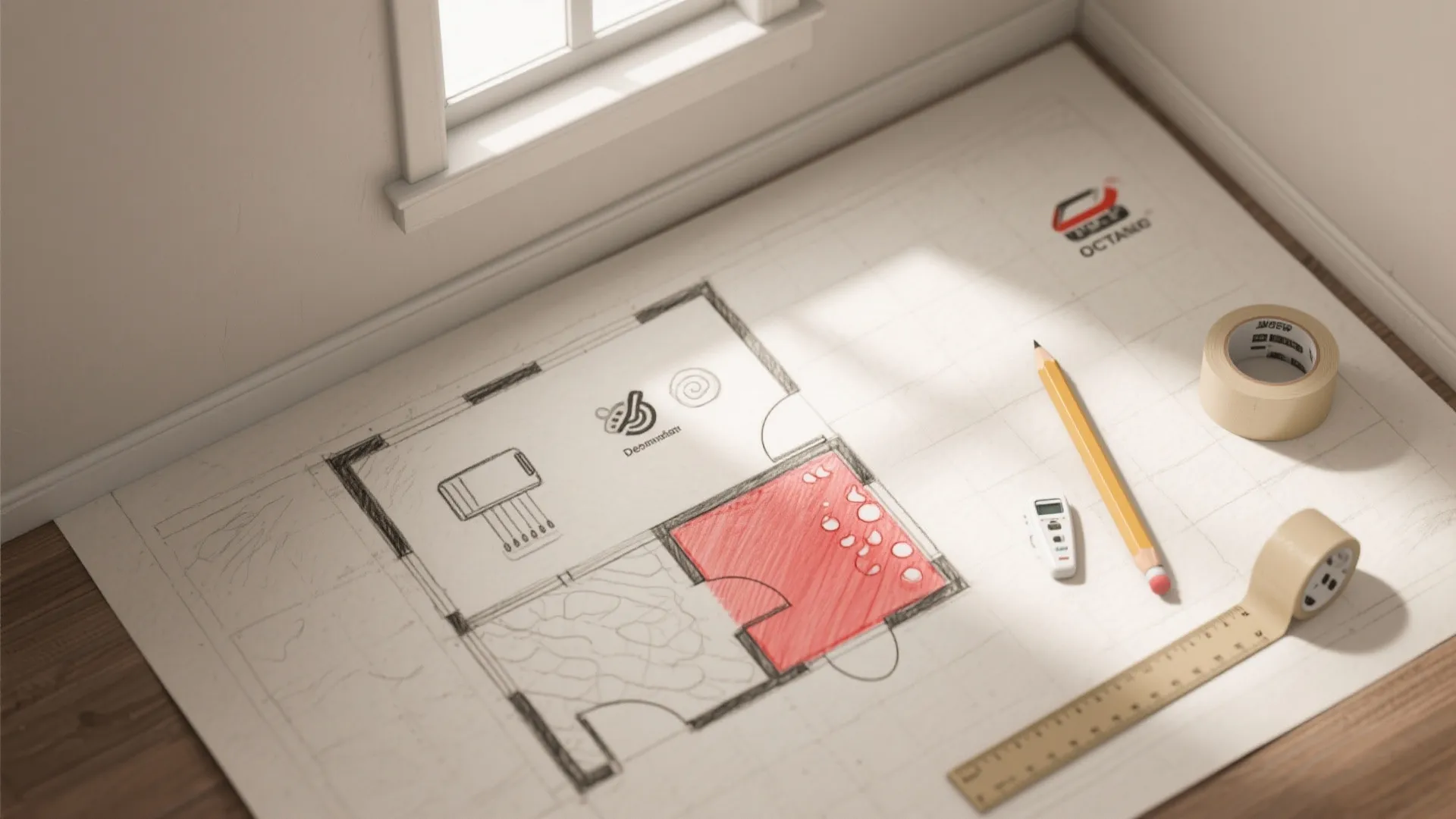 Floor plan sketch on paper with red highlighted zone beside pencil ruler and tape on floor