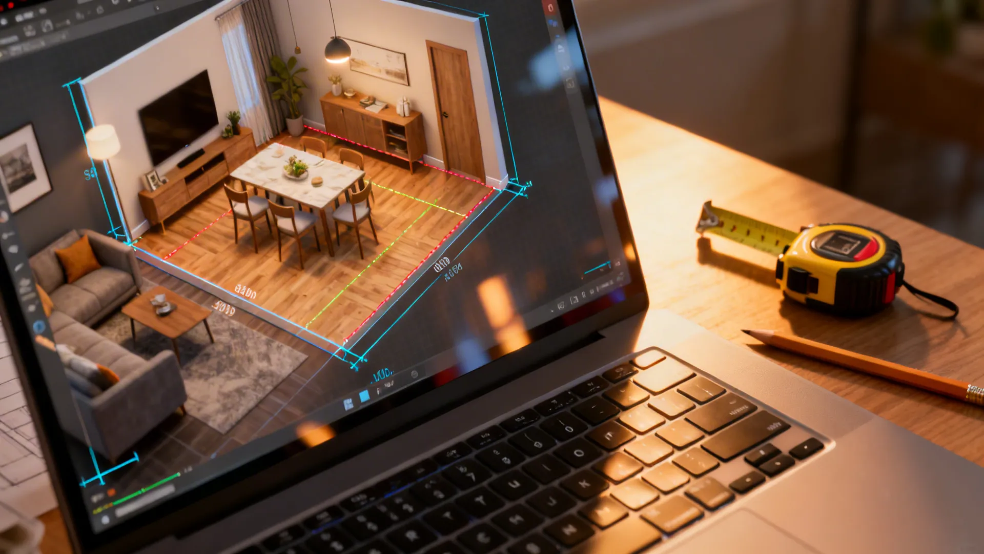 Laptop showing a 3D floor planner with measurement lines for a tiny living-dining layout