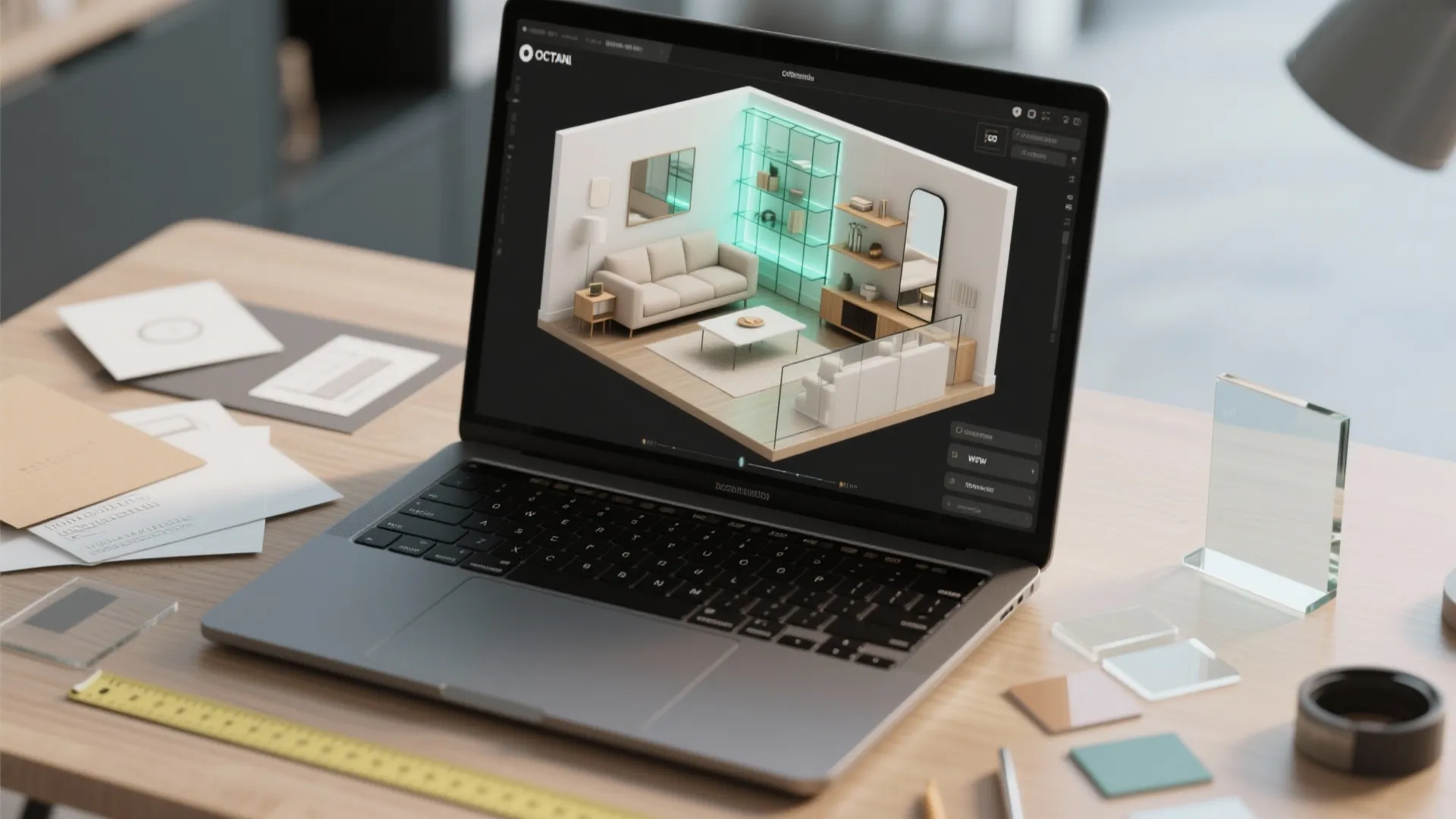 Laptop on a wooden desk showing a three dimensional room layout with sofa and shelving
