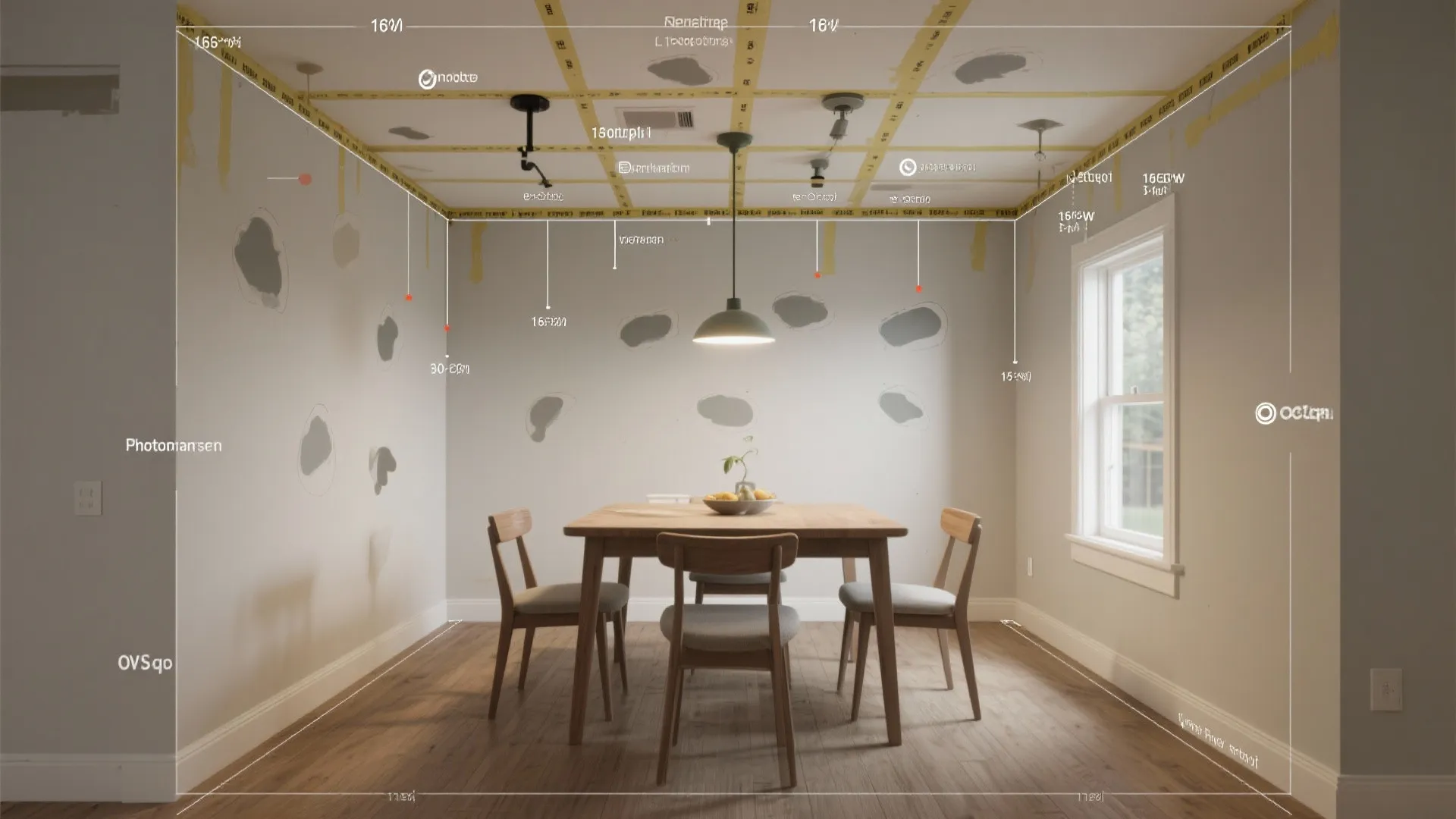 Interior design drawing showing room layout with dimensions for dining table chairs and ceiling light