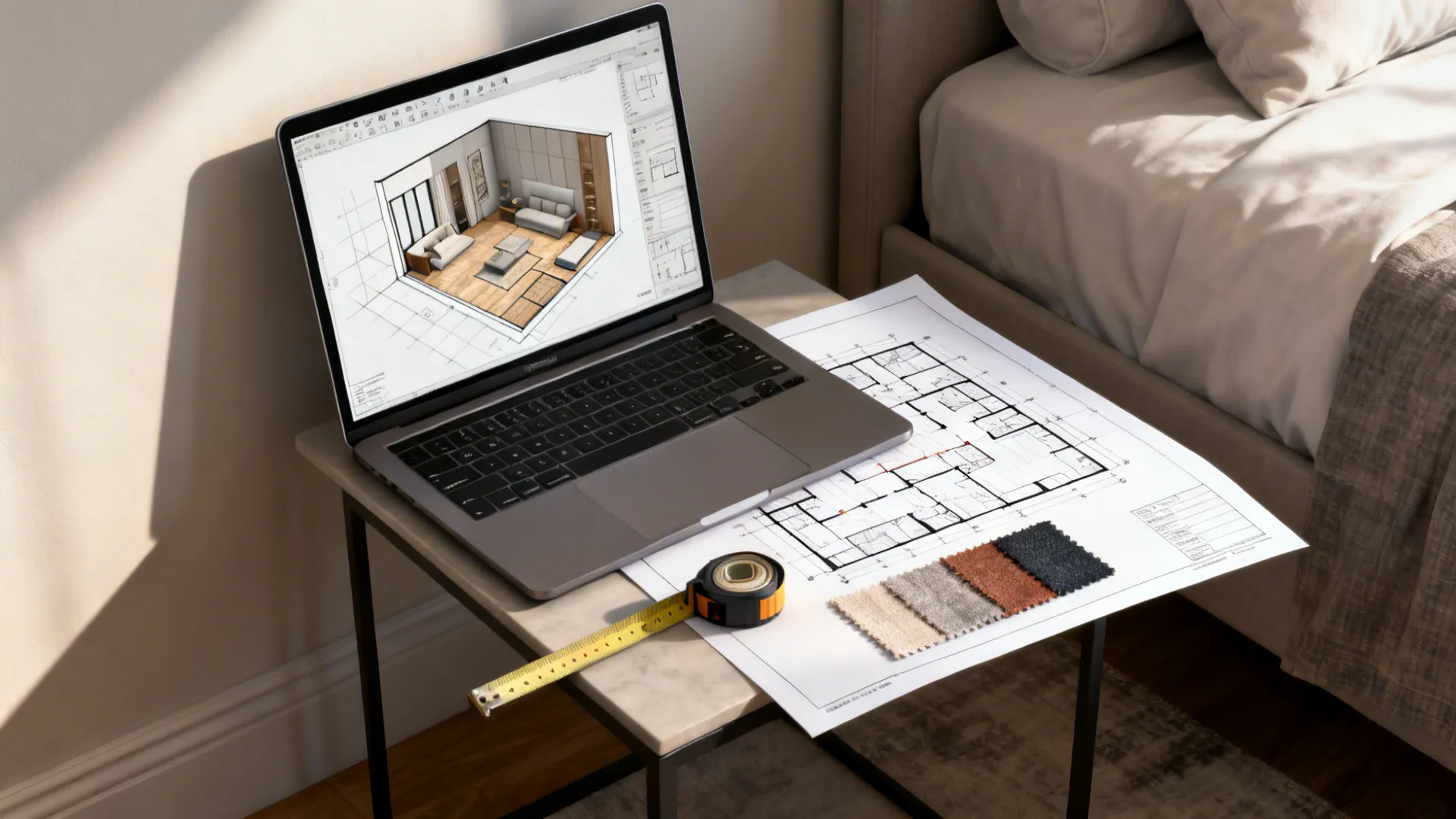 Designer floor planner and 3D sketches with measuring tape and fabric swatches on a table