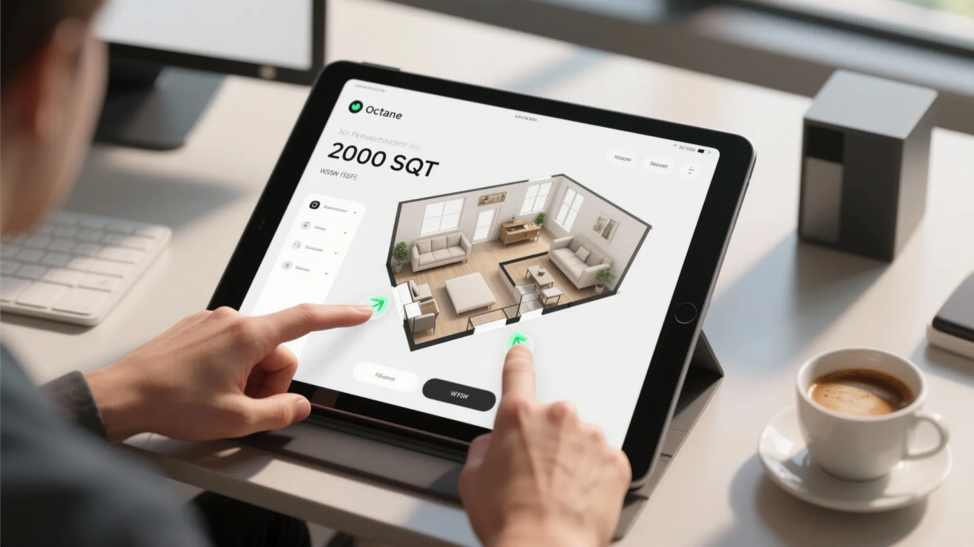 Tablet screen showing a 3D floor planner used to test furniture layouts for a 2000 sq ft home.
